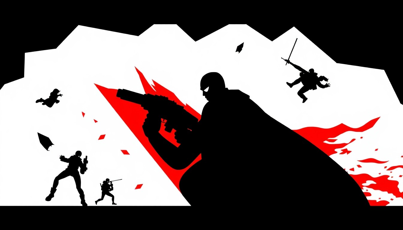 A minimalist, abstract illustration featuring bold, jagged shapes and silhouettes in high-contrast colors, conceptually representing the intersection of video game and movie worlds.