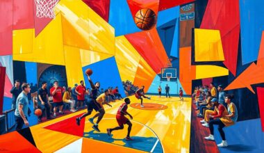 A cubist-style painting depicting a high-energy basketball game, with players and the court broken down into sharp, overlapping geometric shapes in vibrant colors like red, blue, and yellow, capturing the dynamic action of the game.