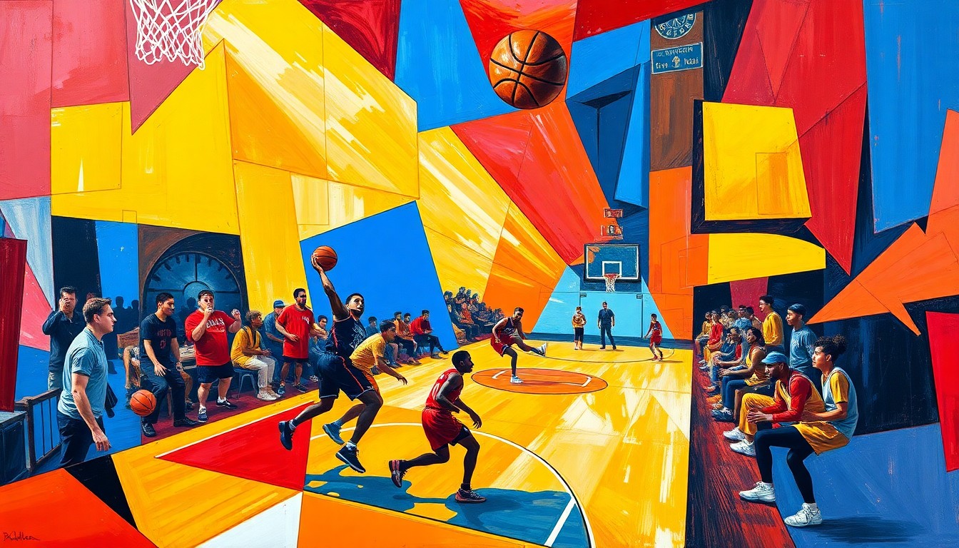 A cubist-style painting depicting a high-energy basketball game, with players and the court broken down into sharp, overlapping geometric shapes in vibrant colors like red, blue, and yellow, capturing the dynamic action of the game.