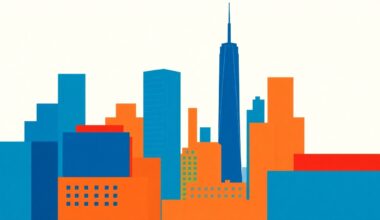 A geometric abstract illustration using bold shapes and primary colors to represent the complex economic forces impacting New York City, conveying a sense of instability and the need for innovative solutions.