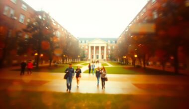 An extremely abstracted, out-of-focus photograph shot through condensation or rain-streaked glass, depicting a university campus scene with students walking through a quad, in soft pools of warm color and light, conceptually representing the complex issues of privacy, transparency, and mental health support at the heart of the Edgewood University incident.