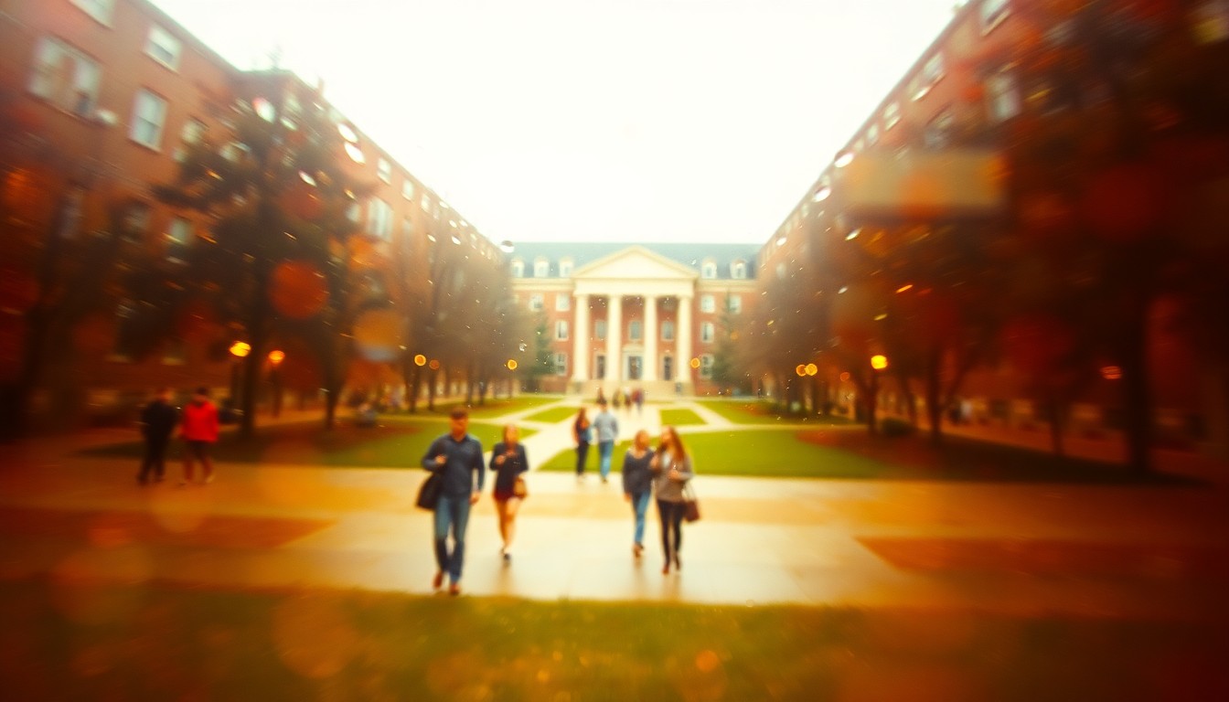 An extremely abstracted, out-of-focus photograph shot through condensation or rain-streaked glass, depicting a university campus scene with students walking through a quad, in soft pools of warm color and light, conceptually representing the complex issues of privacy, transparency, and mental health support at the heart of the Edgewood University incident.