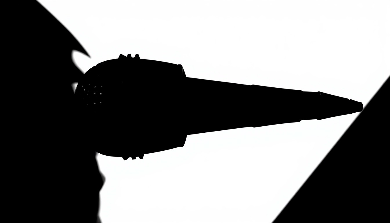 A stark, geometric black silhouette of a microphone against a plain white background, conveying the high-stakes drama and excitement of a singing competition.