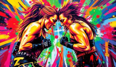 An abstract, expressionist painting featuring vibrant brushstrokes of neon colors capturing the dynamic movements and energy of a wrestling match, with the faces and identities of the wrestlers blurred and obscured.