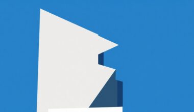 An abstract, minimalist illustration featuring sharp, geometric shapes in shades of blue, grey, and white, representing the architectural contrast and fusion of the New Museum