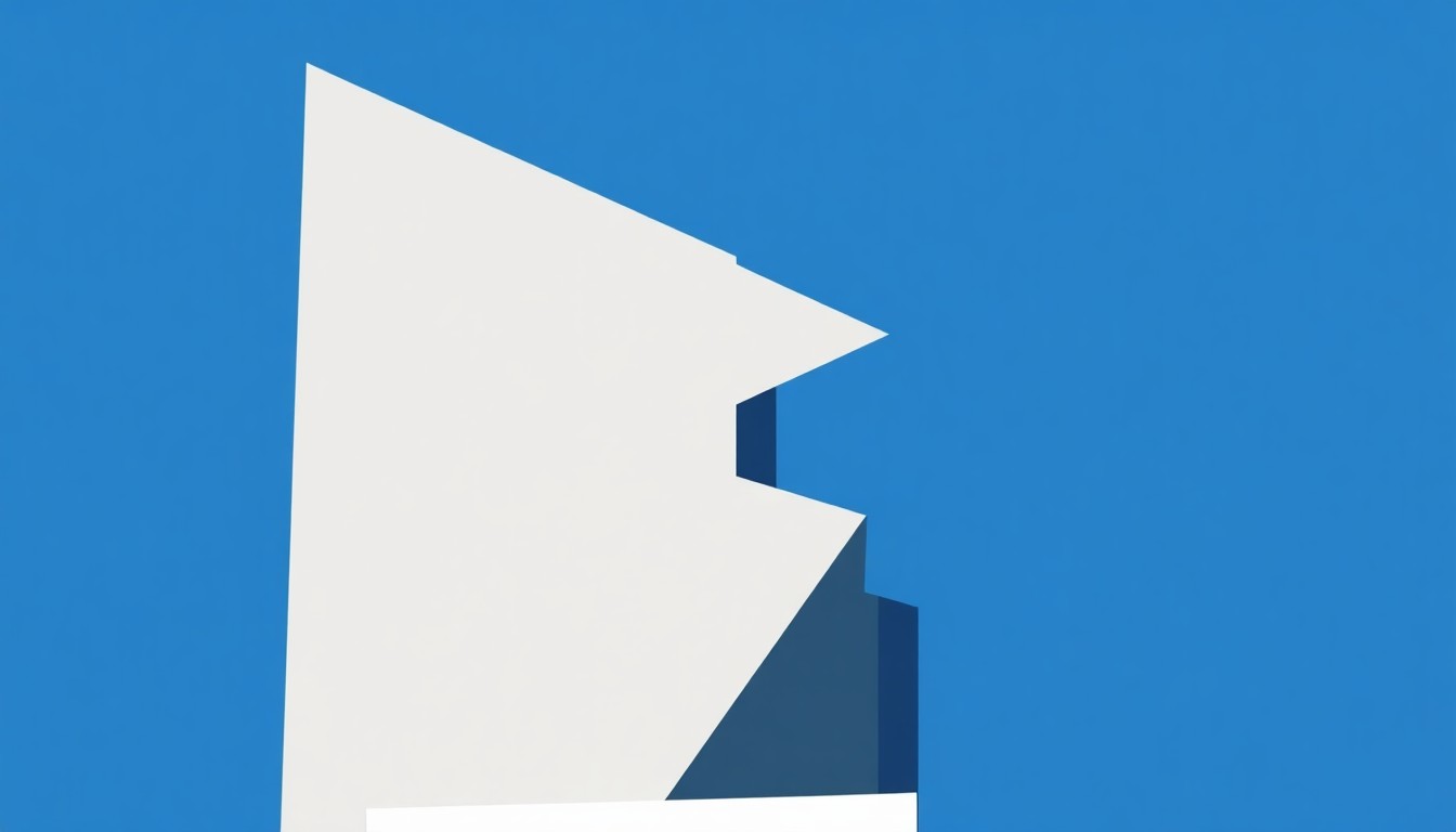 An abstract, minimalist illustration featuring sharp, geometric shapes in shades of blue, grey, and white, representing the architectural contrast and fusion of the New Museum