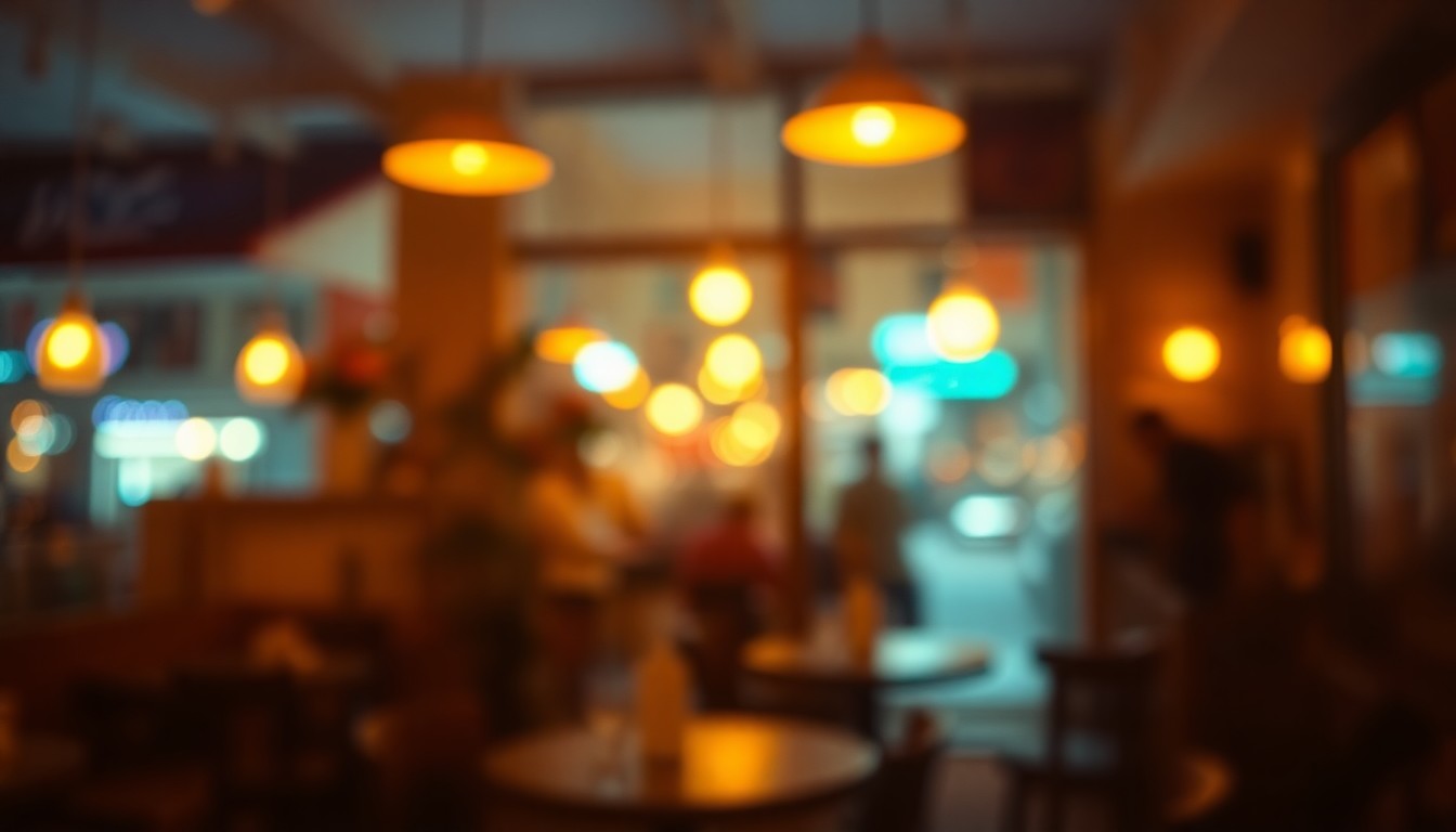 An impressionistic, out-of-focus scene of warm, blurred light and color, evoking the cozy, intimate atmosphere of a local cafe.