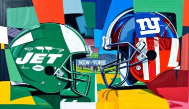 A cubist, geometric painting in vibrant blues, greens, and reds, depicting the fragmented action and energy of an NFL football game or draft selection process.