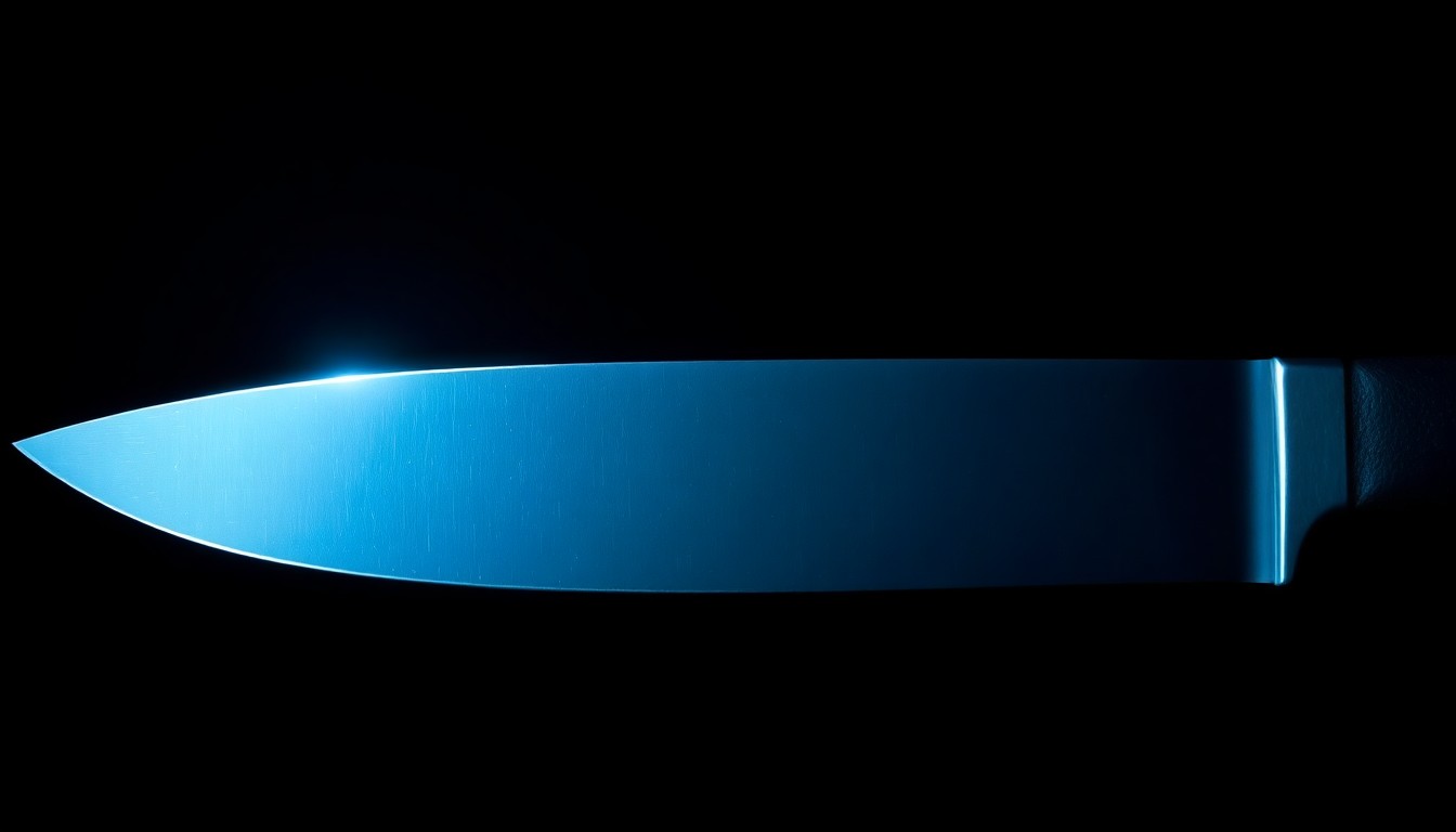 An extreme close-up of a single knife blade against a stark black background, lit by a harsh camera flash, conceptually representing the violence of the crime without depicting any actual victims or gore.