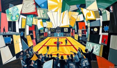A fractured, geometric painting depicting the action and energy of a basketball game, with players and the court broken down into sharp, overlapping planes of color and shape.