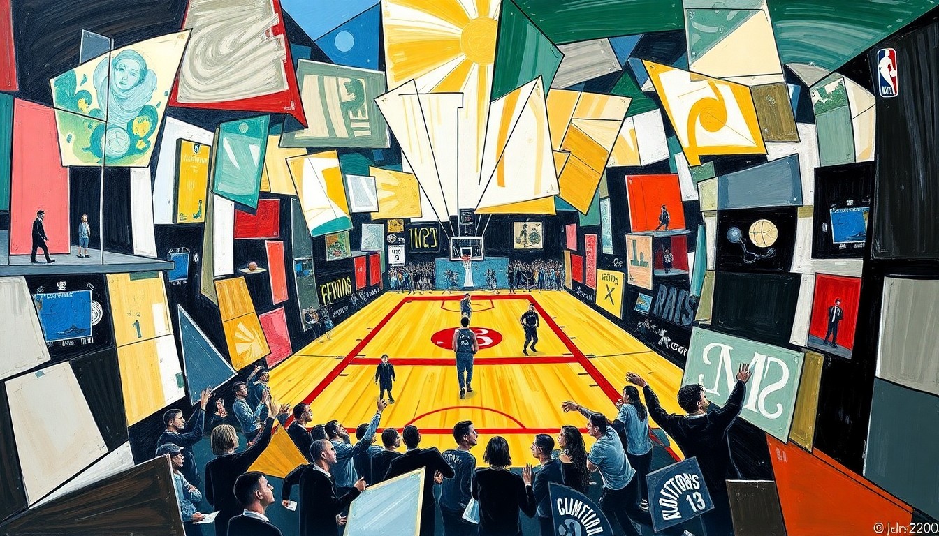 A fractured, geometric painting depicting the action and energy of a basketball game, with players and the court broken down into sharp, overlapping planes of color and shape.