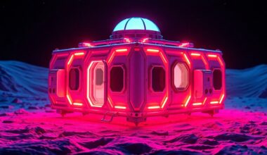 A highly detailed, glowing 3D illustration of a modular lunar habitat module with geometric shapes and panels illuminated by neon cyan and magenta lights, conveying the technical challenges and practical considerations of building structures on the Moon.