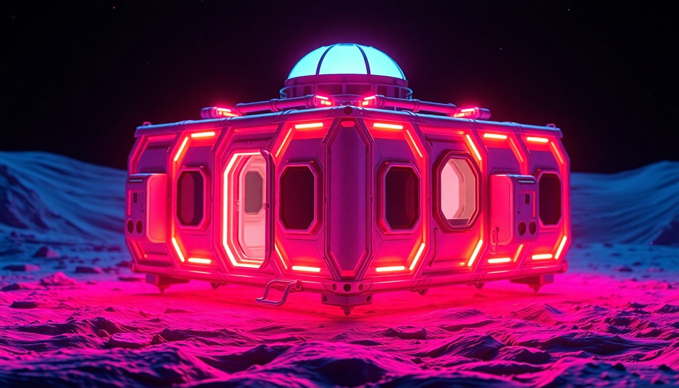 A highly detailed, glowing 3D illustration of a modular lunar habitat module with geometric shapes and panels illuminated by neon cyan and magenta lights, conveying the technical challenges and practical considerations of building structures on the Moon.
