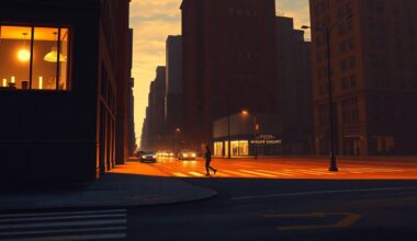 A dimly lit New York City street corner at dusk, with a lone figure standing in the distance, the scene bathed in warm, diagonal sunlight and deep shadows, capturing the quiet, cinematic mood of the high-stakes political race.