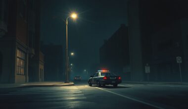 A dimly lit, cinematic painting of an empty city street at night, with a lone police car parked under a flickering streetlight, conveying a sense of quiet tension and unease around the political debate over gun control.