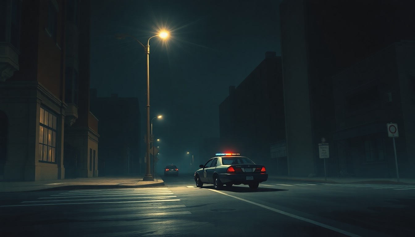 A dimly lit, cinematic painting of an empty city street at night, with a lone police car parked under a flickering streetlight, conveying a sense of quiet tension and unease around the political debate over gun control.
