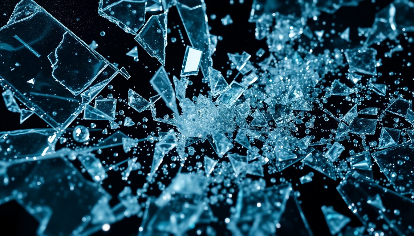 An abstract close-up photograph featuring shattered glass and sparkling sequins, conveying the emotional intensity and drama of a high-profile celebrity relationship.