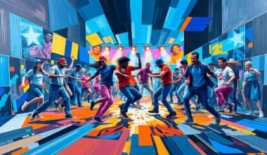A fractured, geometric painting in bold, neon colors depicting the movement and energy of a street dance competition, with overlapping planes and fragmented perspectives.