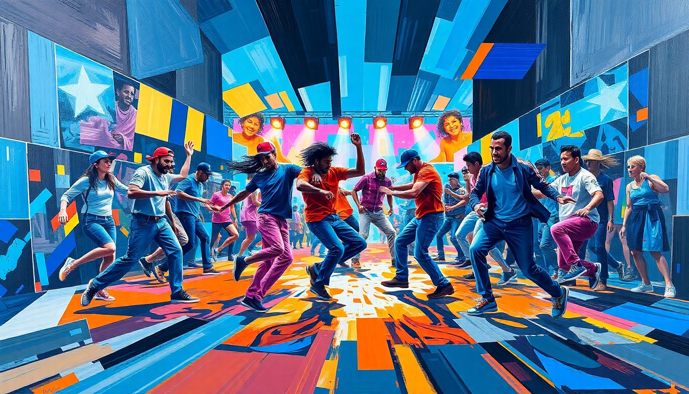 A fractured, geometric painting in bold, neon colors depicting the movement and energy of a street dance competition, with overlapping planes and fragmented perspectives.