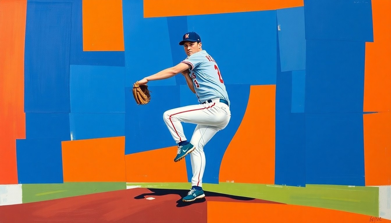 A cubist, geometric painting depicting the fractured motion of a baseball pitcher, with sharp planes of Mets blue, orange, and white, conceptually representing the team