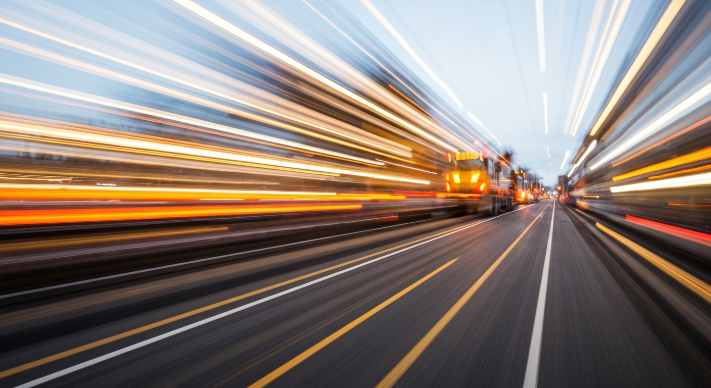 An abstract, colorful image created with sweeping motion blur, depicting a construction vehicle or road crew working on M-50 in Brooklyn, conveying the dynamic energy and temporary disruption of the road improvement project.