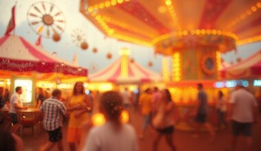 An impressionistic, out-of-focus scene featuring blurred shapes and muted colors that evoke the festive atmosphere of an outdoor carnival.