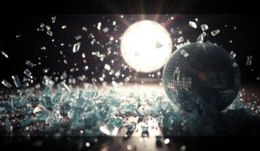 An extreme close-up of shattered glass and glittering disco ball fragments in high-contrast studio lighting, conceptually representing the thrilling and emotional time-traveling elements of the film Frequency.