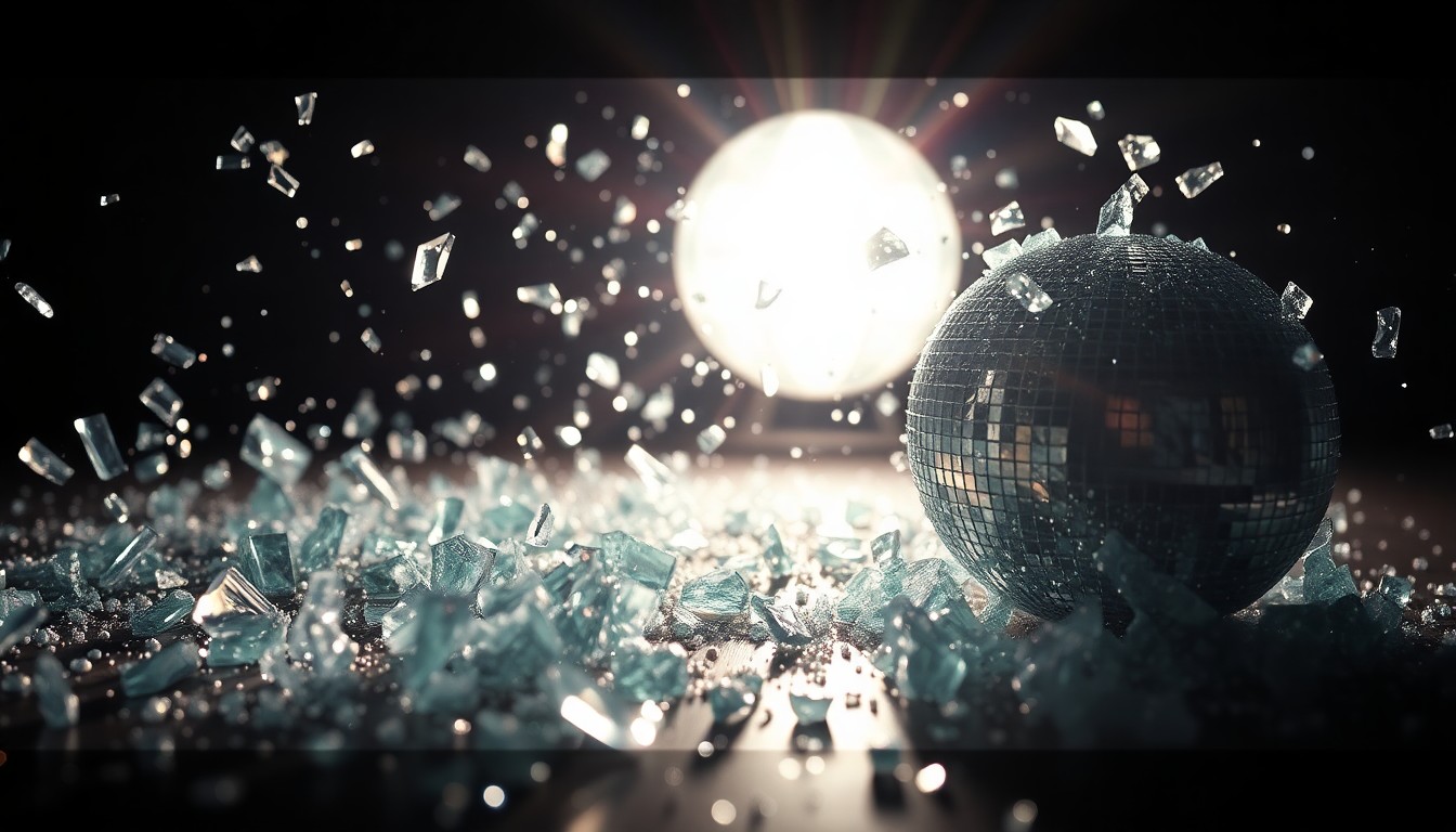 An extreme close-up of shattered glass and glittering disco ball fragments in high-contrast studio lighting, conceptually representing the thrilling and emotional time-traveling elements of the film Frequency.