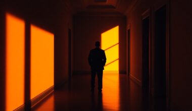 A cinematic painting of a solitary, shadowy figure of a politician standing alone in an empty government building hallway, bathed in warm, diagonal sunlight and deep shadows, conceptually representing the somber mood surrounding the investigation into the allegations against the politician.