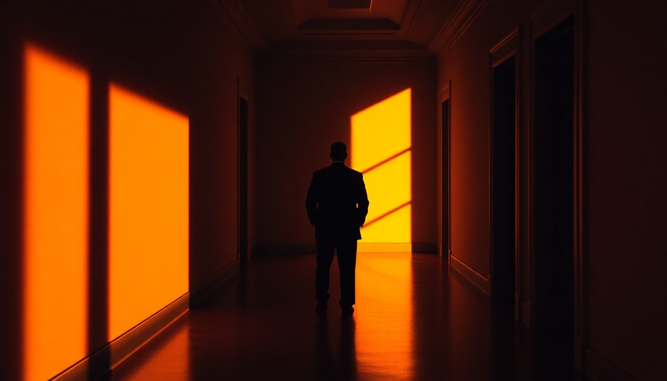 A cinematic painting of a solitary, shadowy figure of a politician standing alone in an empty government building hallway, bathed in warm, diagonal sunlight and deep shadows, conceptually representing the somber mood surrounding the investigation into the allegations against the politician.