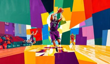 A cubist-style painting depicting the fragmented movements and presence of a basketball player, rendered in the official team colors of Kansas State University and the University of New Mexico.