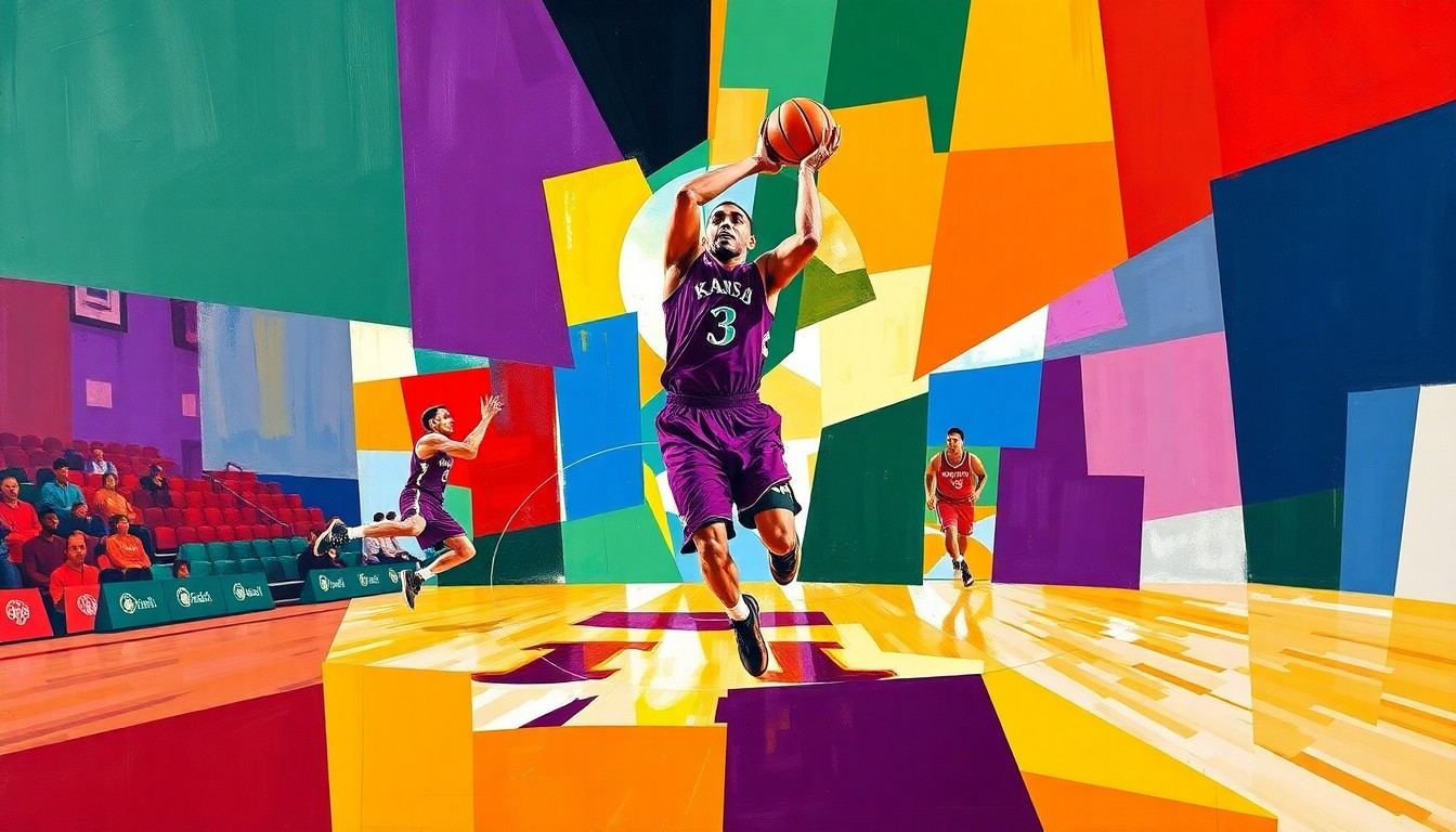 A cubist-style painting depicting the fragmented movements and presence of a basketball player, rendered in the official team colors of Kansas State University and the University of New Mexico.