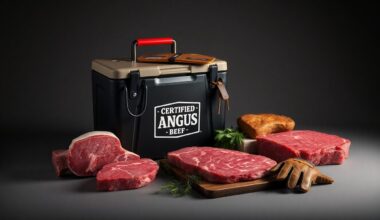 A photorealistic studio still life featuring a selection of premium beef cuts, a branded Certified Angus Beef cooler, and a pair of leather work gloves, all arranged elegantly on a clean, monochromatic background to symbolize the quality, craftsmanship, and attention to detail in the beef industry.