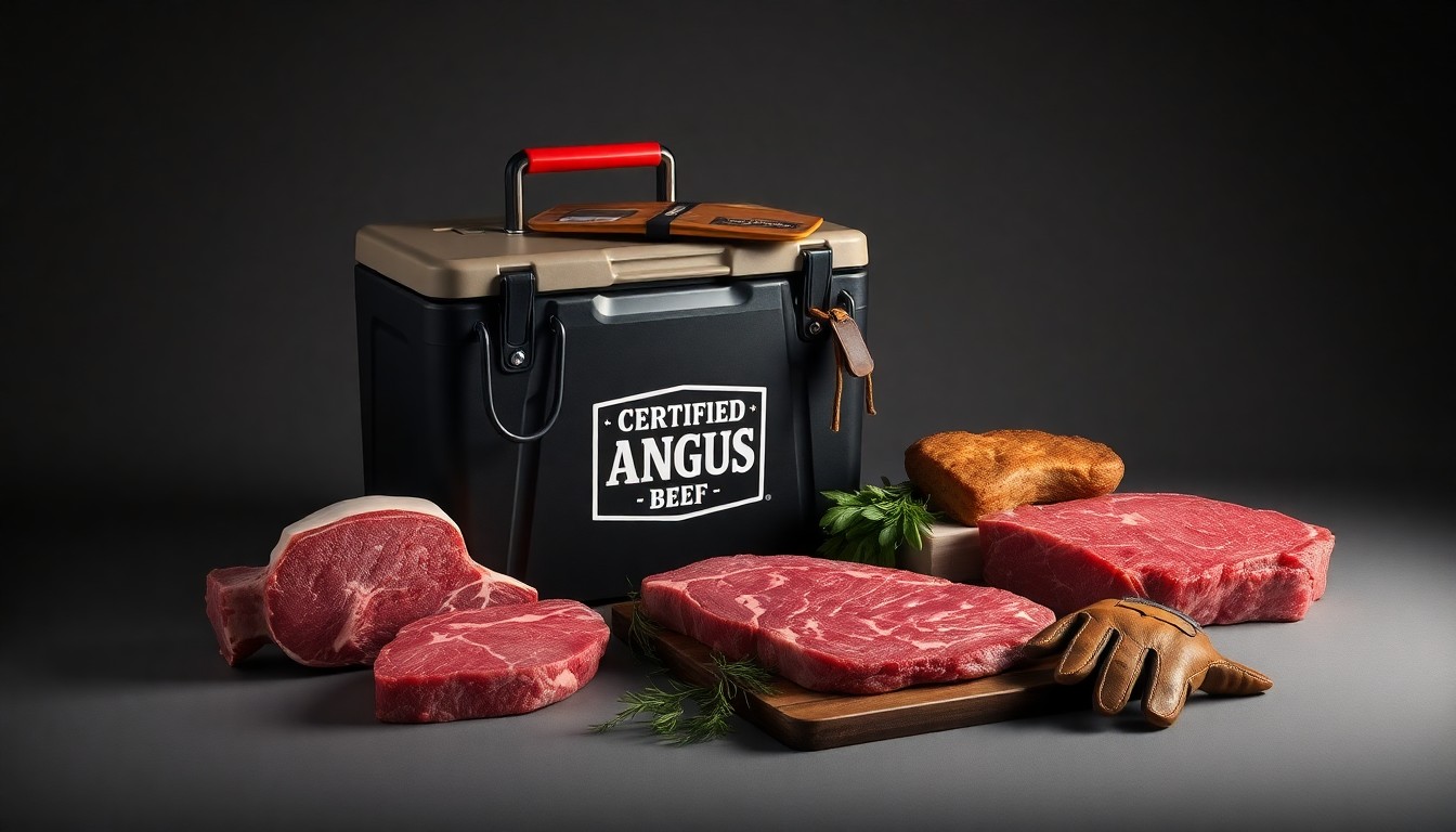 A photorealistic studio still life featuring a selection of premium beef cuts, a branded Certified Angus Beef cooler, and a pair of leather work gloves, all arranged elegantly on a clean, monochromatic background to symbolize the quality, craftsmanship, and attention to detail in the beef industry.