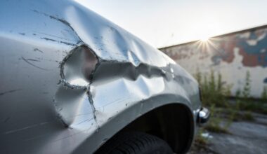 An extreme close-up photograph of a crumpled car fender in muted shades of gray and blue, conveying the physical damage and frustration of the situation.