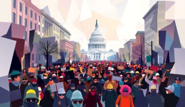 A dynamic, abstract painting depicting a crowd of protesters marching down a city street, with the US Capitol building visible in the background. The protesters