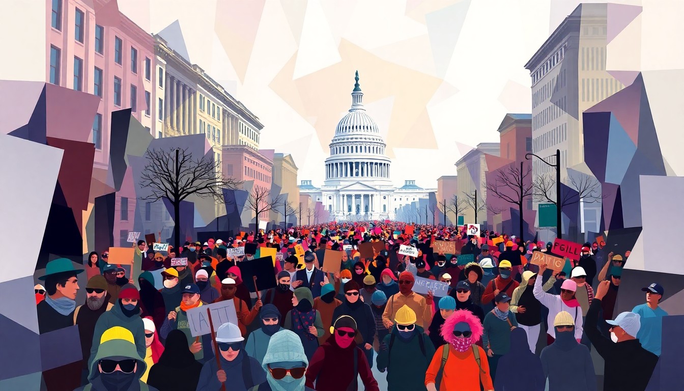 A dynamic, abstract painting depicting a crowd of protesters marching down a city street, with the US Capitol building visible in the background. The protesters