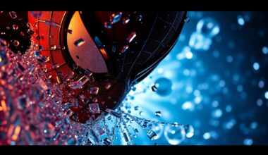 An abstract close-up photograph featuring shards of glittering, reflective glass and sparkling sequins, captured in dramatic high-contrast studio lighting to convey a sense of glamour and high-stakes drama.