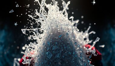 An abstract close-up image featuring shattered glass and glittering sequins in high-contrast studio lighting, conveying the glamour and high-stakes drama of the Spider-Man story.