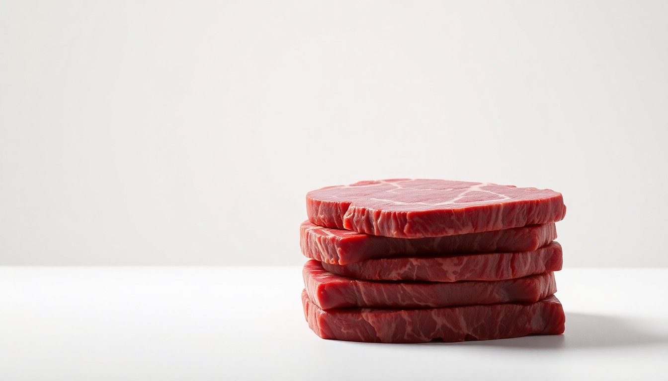 A high-end, photorealistic studio still-life photograph featuring a stack of premium Certified Angus Beef steaks arranged elegantly on a clean, monochromatic seamless background, conceptually representing the quality and craftsmanship of the Certified Angus Beef brand.