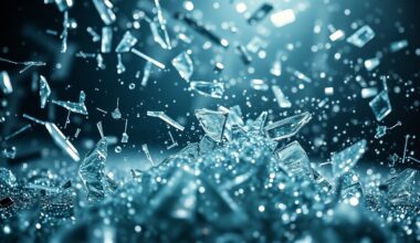 An extreme close-up of shattered glass and glittering sequins, captured in dramatic, high-contrast studio lighting to create a conceptual representation of the emotional and visual spectacle of the new Spider-Man film.