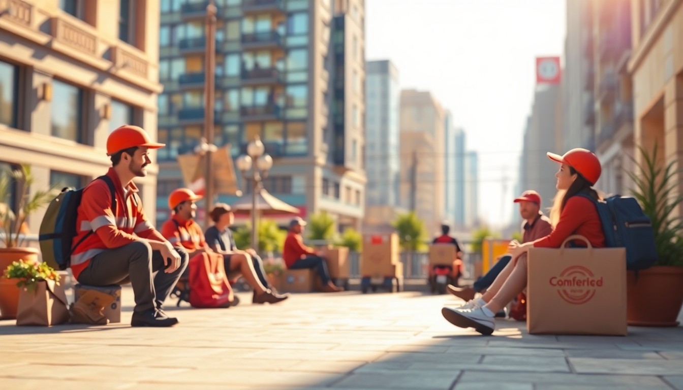 An out-of-focus, impressionistic scene of delivery workers resting and conversing in a sunny, urban setting, conveying the concept of a dedicated space for gig economy workers to find comfort and community.