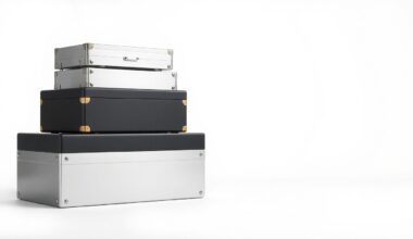 A high-end, photorealistic studio still-life photograph featuring a stack of neatly organized storage boxes made of premium materials like brushed aluminum and matte black plastic, arranged elegantly on a clean, white seamless background and lit with sharp, dramatic studio lighting and deep shadows to represent the abstract concepts of storage, organization, and real estate investment.