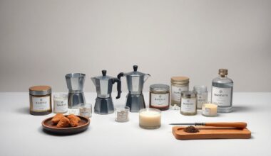 A high-end studio still life photograph featuring a collection of premium kitchen and home goods products, including a Bialetti Moka pot, artisanal candles, and other specialty accessories, arranged elegantly on a clean, monochromatic background to showcase the quality and craftsmanship of the S. Feldman Housewares product selection.