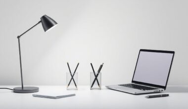 A minimalist studio still life featuring a sleek desk lamp, a modern pen holder, and a minimalist laptop on a clean, monochromatic background, conceptually representing the abstract ideas of corporate strategy, finance, and design.
