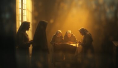 An extremely blurred, atmospheric photograph depicting the shadowy outlines of elderly nuns gathered around a bedside in a dimly lit room, conveying a sense of reverence and the fading of a sacred way of life.
