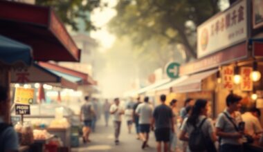 An out-of-focus photograph in warm, hazy tones depicting a lively street scene with blurred figures, food stalls, and signage, conceptually representing the festive atmosphere of a community food festival.