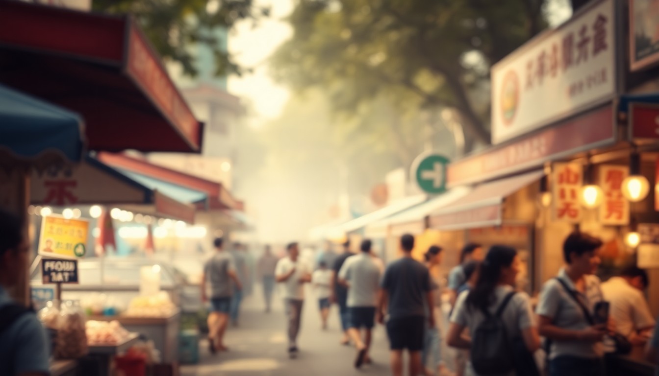 An out-of-focus photograph in warm, hazy tones depicting a lively street scene with blurred figures, food stalls, and signage, conceptually representing the festive atmosphere of a community food festival.