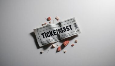 A photorealistic studio still-life image featuring a cracked and shattered ticket stub lying on a clean, monochromatic background, symbolizing the collapse of Ticketmaster