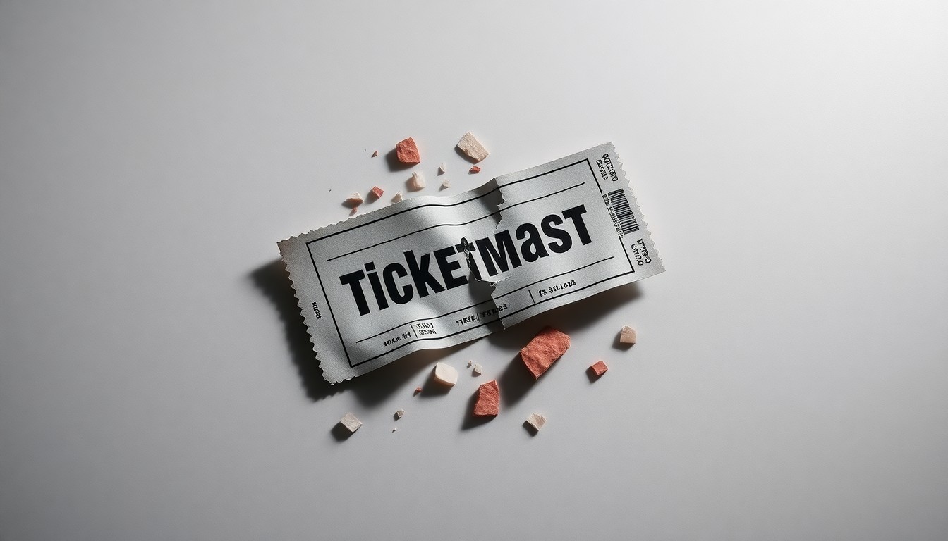 A photorealistic studio still-life image featuring a cracked and shattered ticket stub lying on a clean, monochromatic background, symbolizing the collapse of Ticketmaster